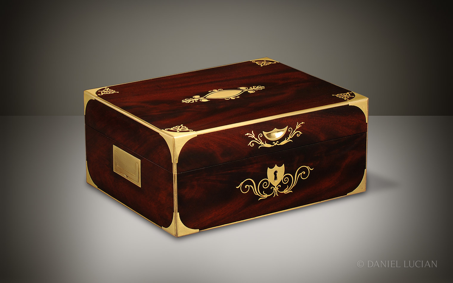 French Mahogany Antique Jewellery Box with Brass Inlay