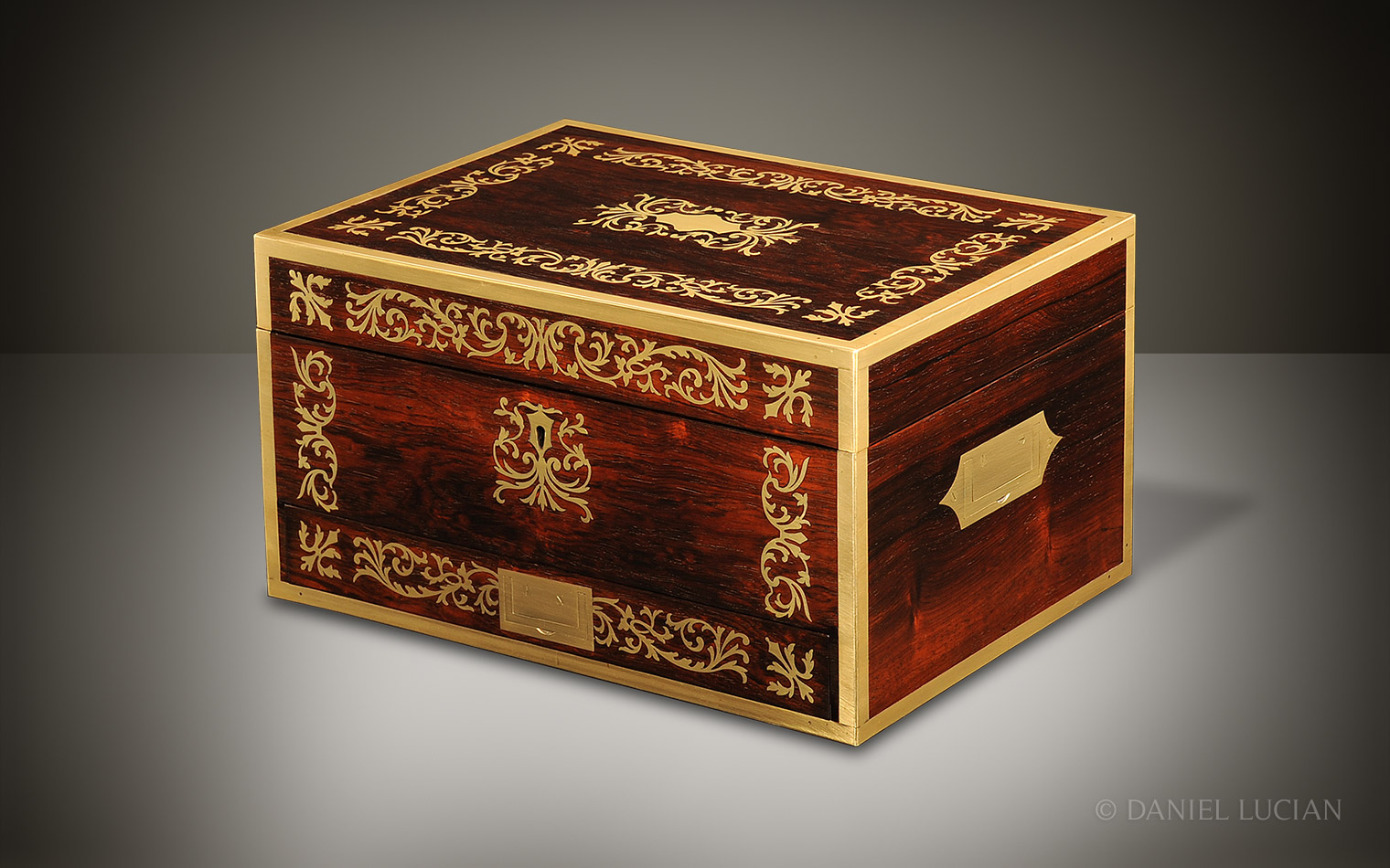 Antique Jewellery Box in Rosewood with Foliate Brass Inlay, by William Dobson
