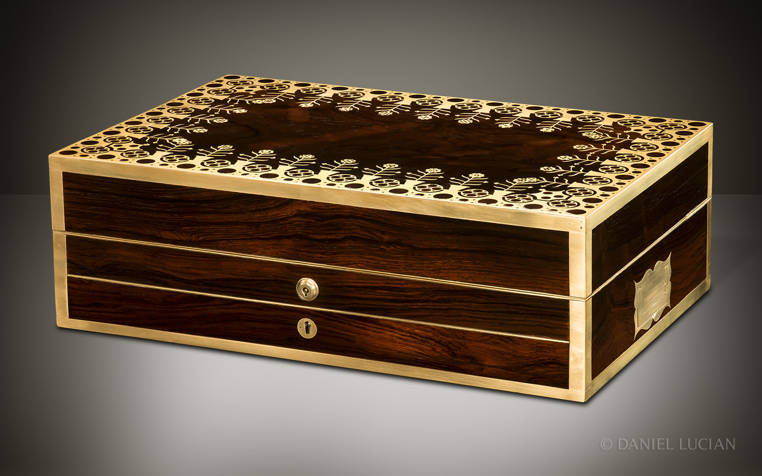 Antique Jewellery Box in Rosewood with Foliate Brass Inlay, Attributed to Edwards