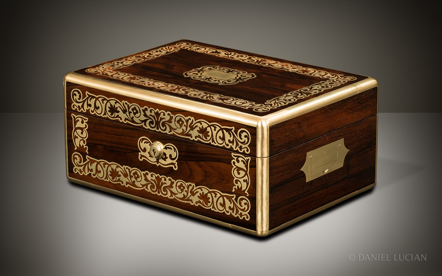 Antique Jewellery Box in Rosewood with Foliate Brass Inlay, by Austin of Dublin