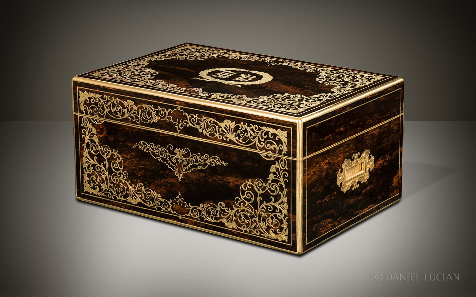 Magnificent Antique Jewellery Box in Coromandel with Engraved Brass Inlay and Concealed Drawer