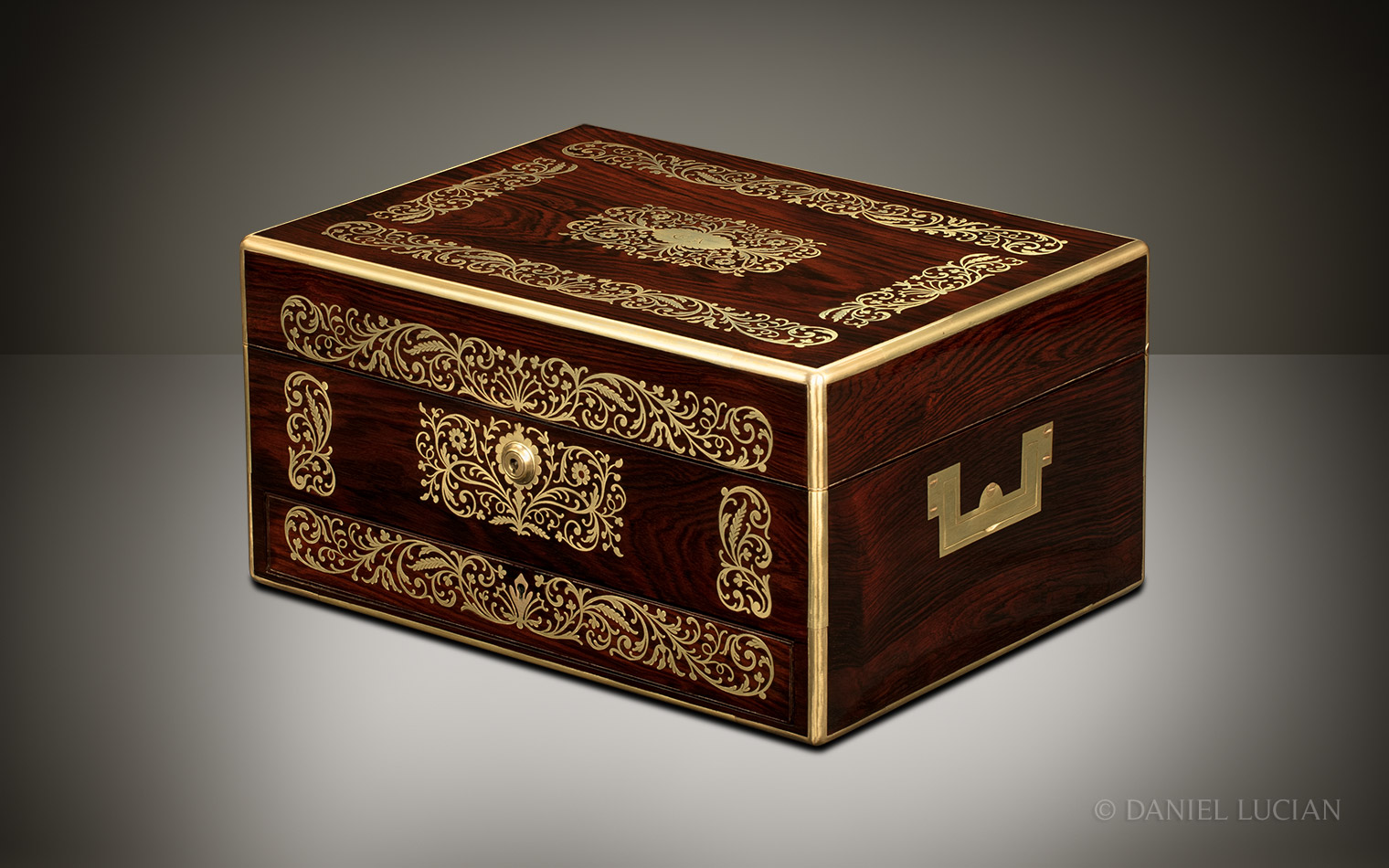 Antique Jewellery Box in Rosewood with Foliate Brass Inlay, by Charles Essex
