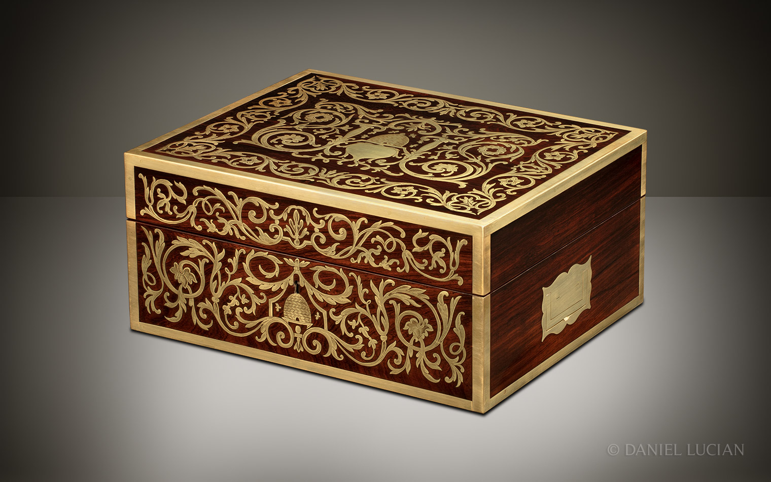 Antique Jewellery Box in Rosewood with Engraved Brass Inlay