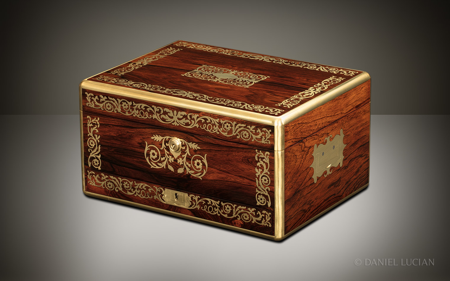 Antique Jewellery Box in Rosewood with Foliate Brass Inlay