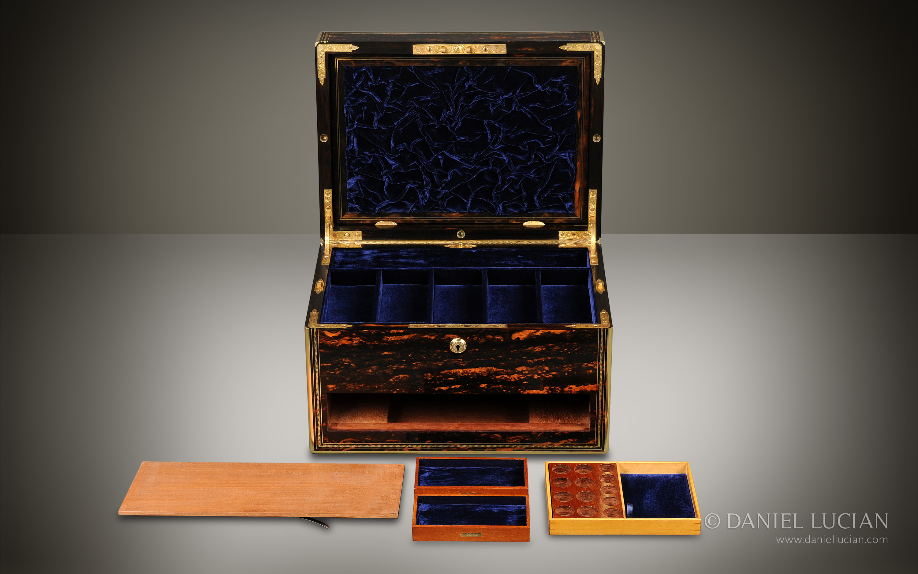 Daniel Lucian  DL154 - Magnificent Antique Jewellery Box in Coromandel  with Engraved Brass Inlay and Concealed Drawer