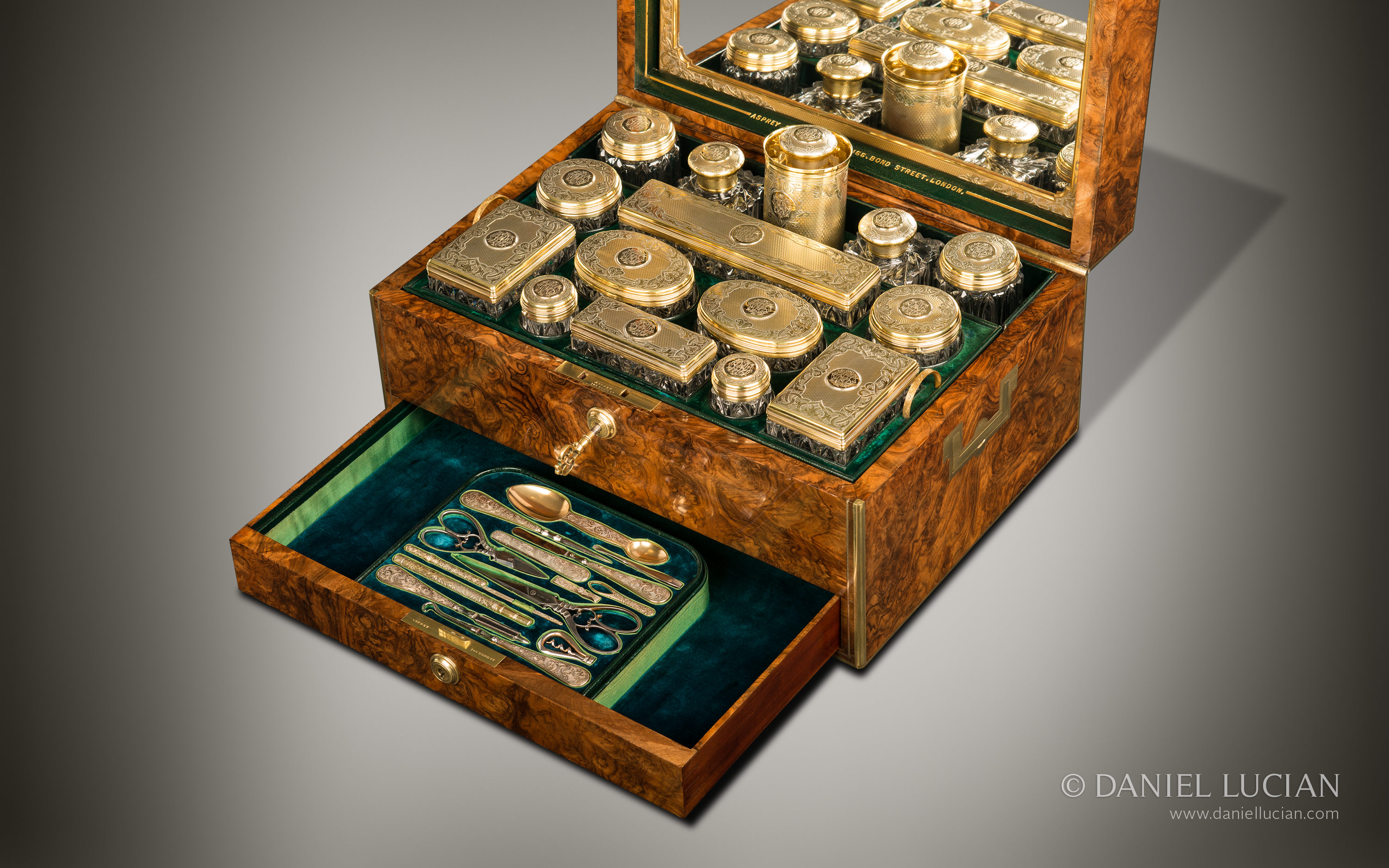 Antique Dressing Case in Burr Walnut with Silver-Gilt / Gold Fittings by Asprey & Sons.
