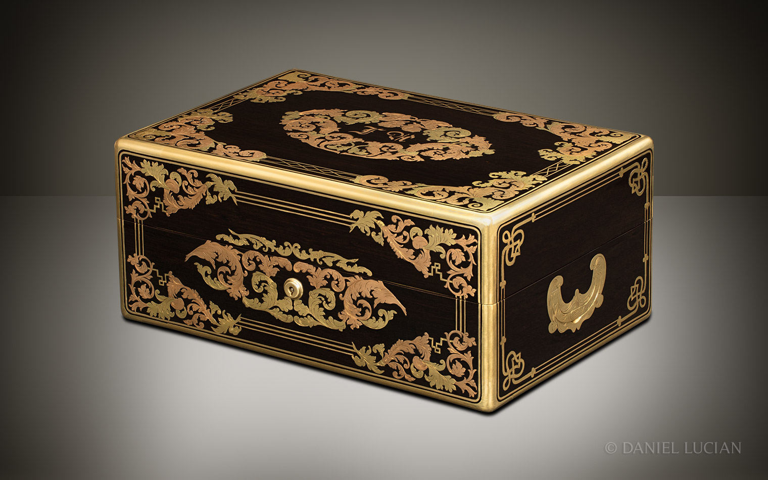 French Antique Jewellery Box in Ebony with Yellow & Rose Brass Inlay