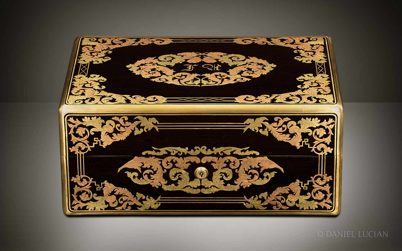 French Antique Jewellery Box in Ebony with Yellow & Rose Brass Inlay.