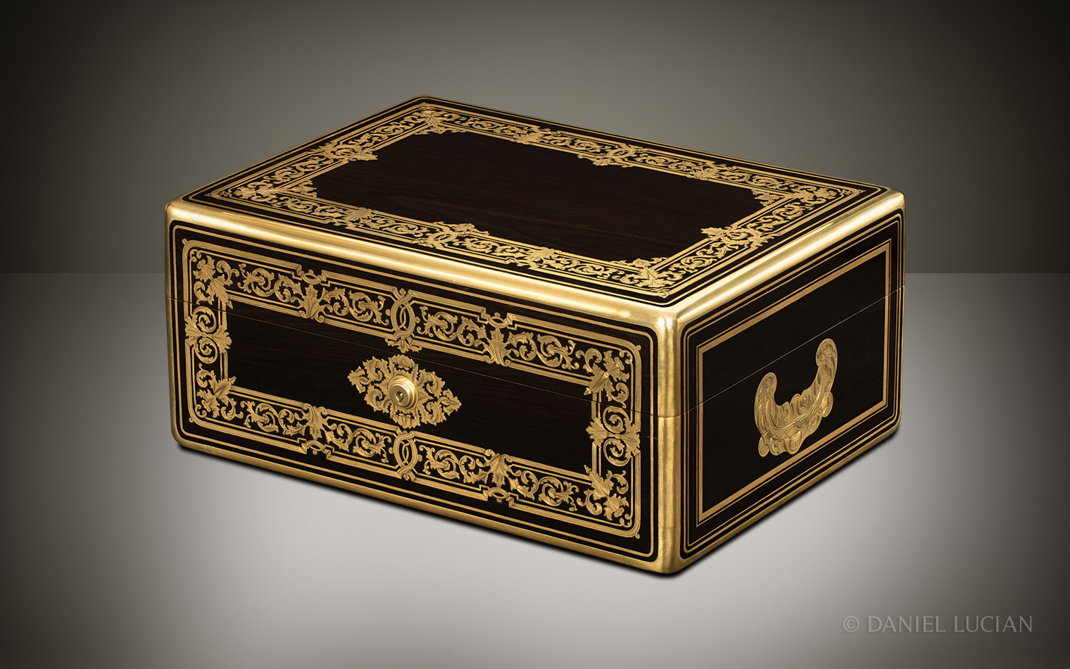 Antique Nécessaire de Voyage Dressing Case in Ebony with Foliate Brass Inlay, Belonging to the Viscount and Viscountess de Montreuil