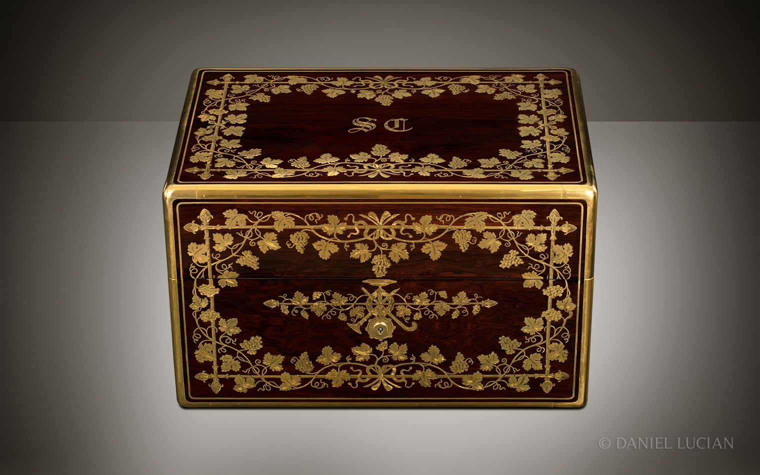 French Antique Jewellery Box in Rosewood with Grapevine Brass Inlay, by Aucoc.