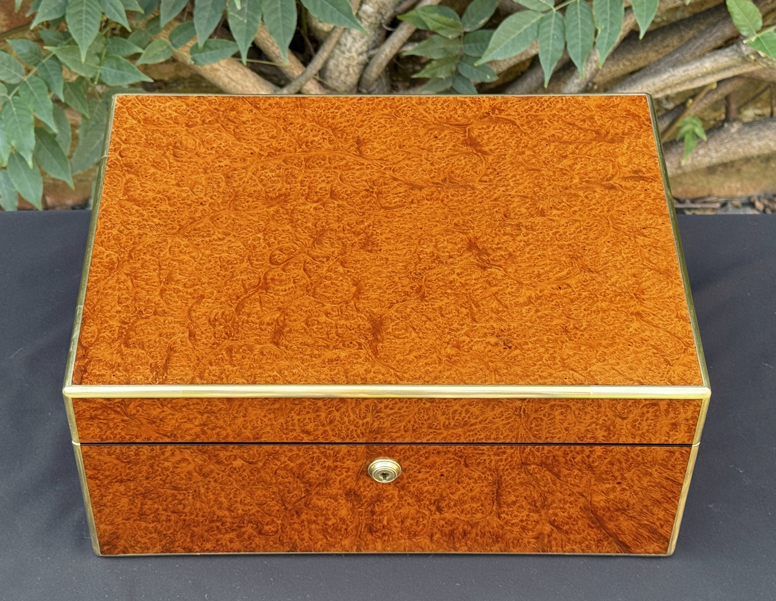 Overhead view of an antique jewellery box in amboyna, by Edwards.
