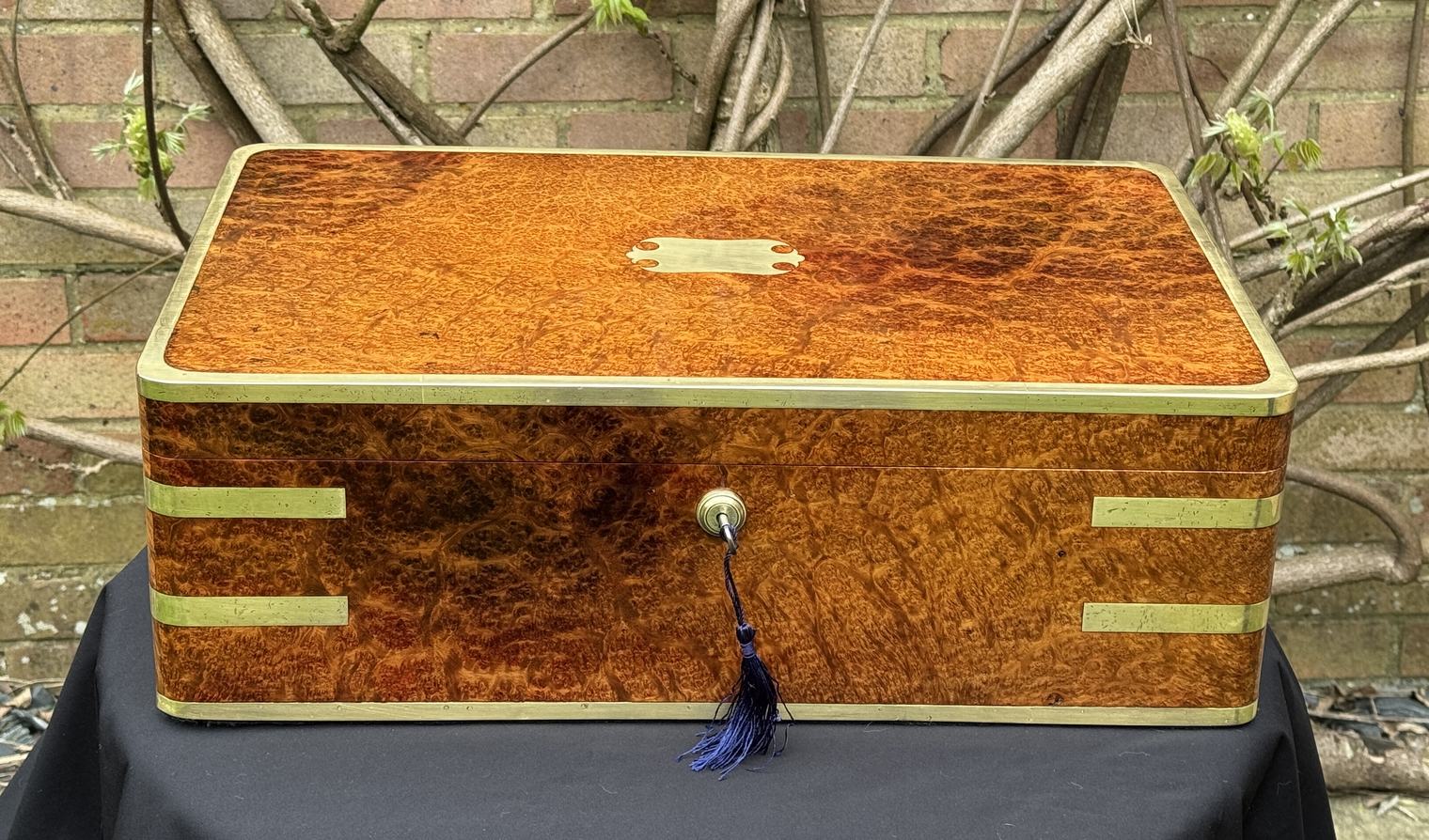 Extra Large Antique Jewellery Box in Solid Amboyna, by Asprey