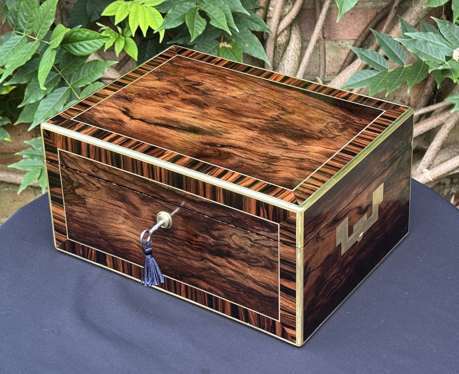 Antique Jewellery Box in Calamander w/ Bramah Lock, by Edwards