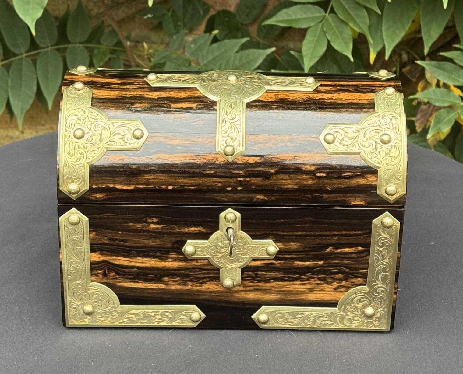 Antique Jewellery Box in Coromandel With Engraved Brass Overlay