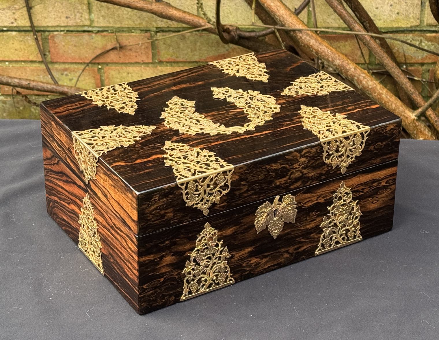 Antique Sewing Box in Coromandel with Fretwork Foliate Brass Overlay
