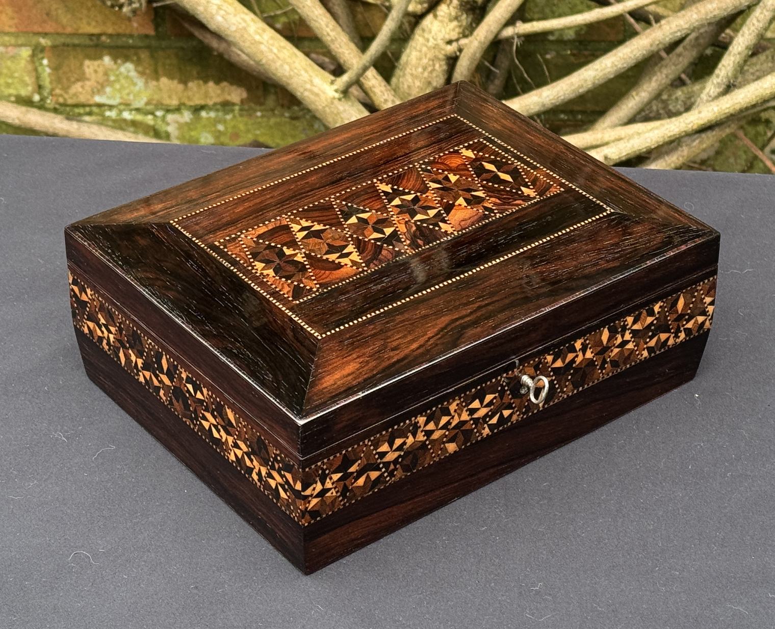 Small Antique Jewellery Box in Rosewood with Parquetry Inlay
