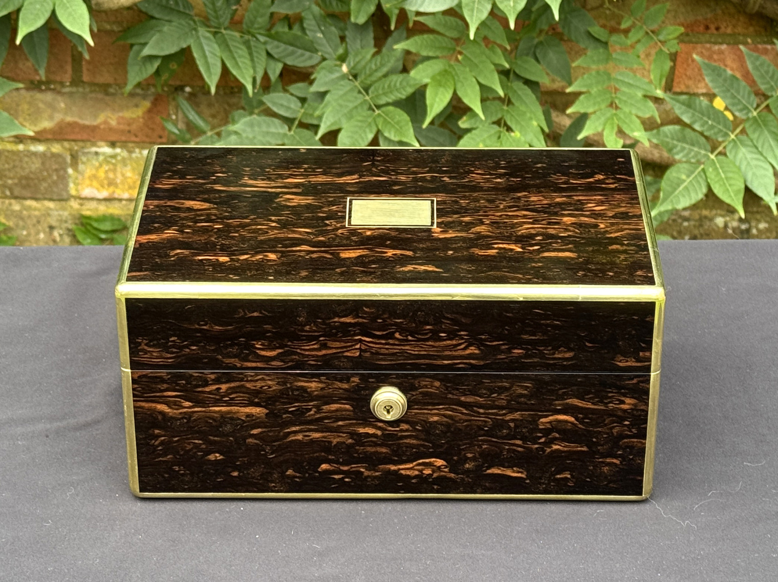 Front view of an antique gentleman's travelling jewellery box in coromandel, by Houghton & Gunn.