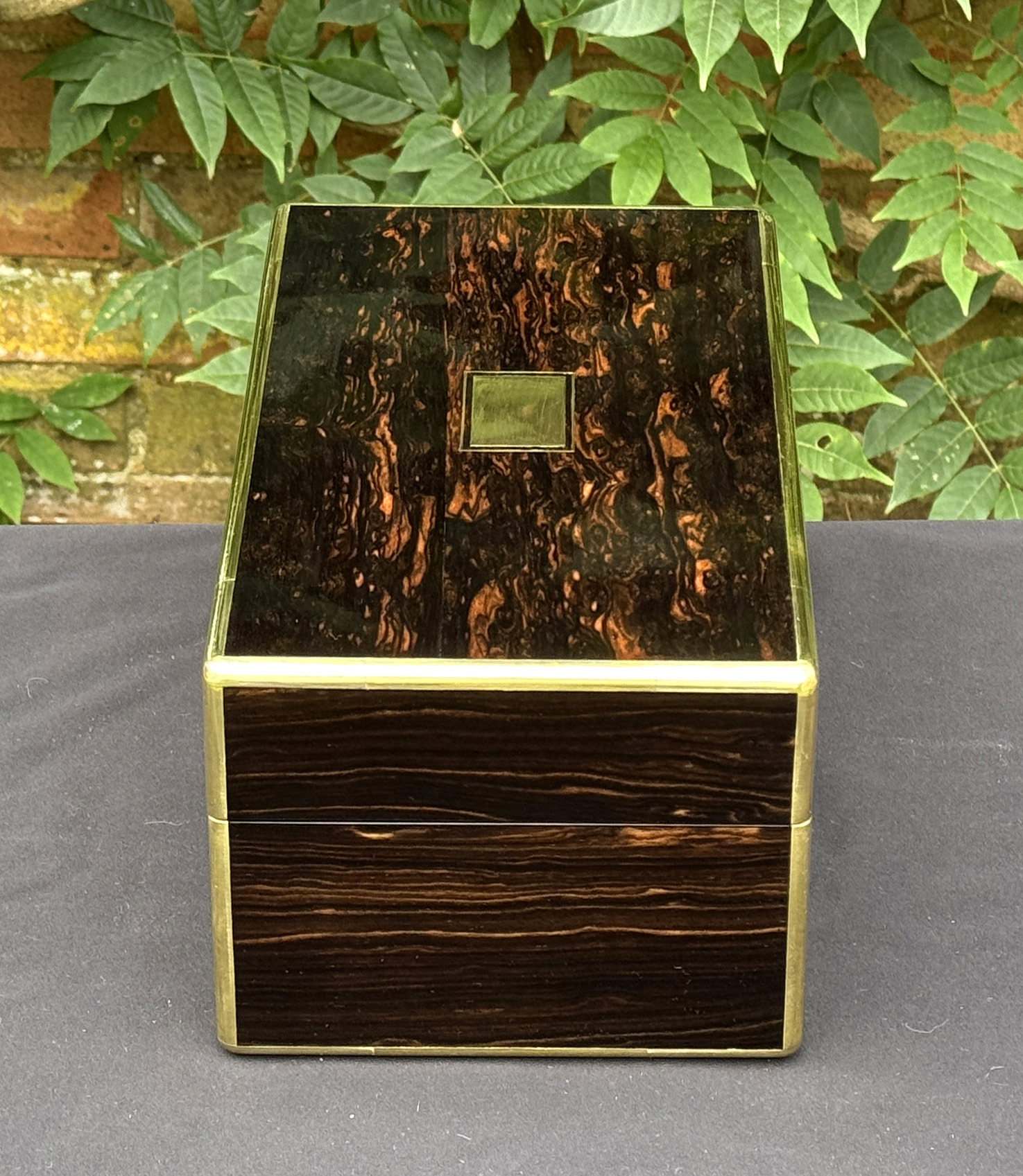 Left side view of an antique gentleman's travelling jewellery box in coromandel, by Houghton & Gunn.