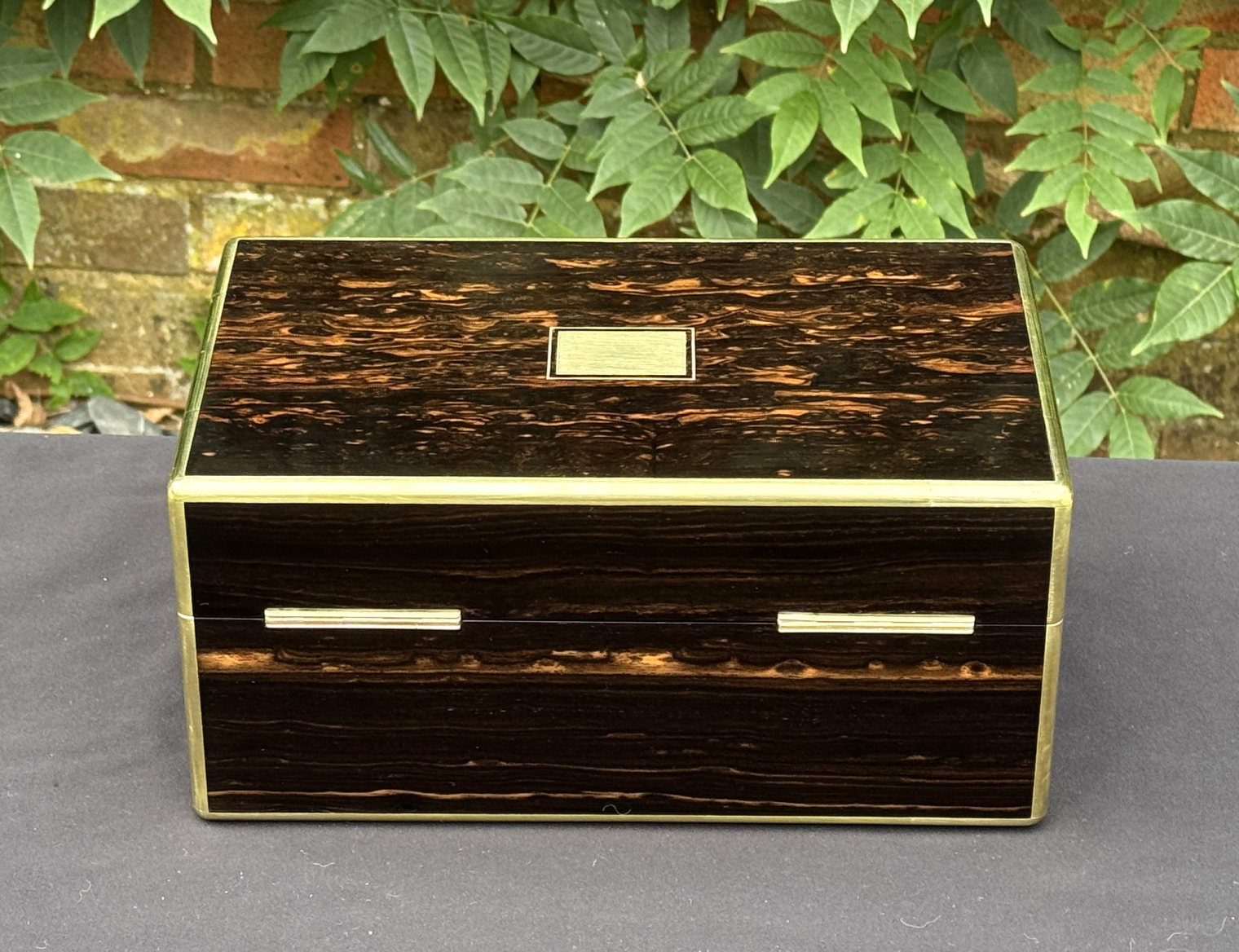 Rear view of an antique gentleman's travelling jewellery box in coromandel, by Houghton & Gunn.