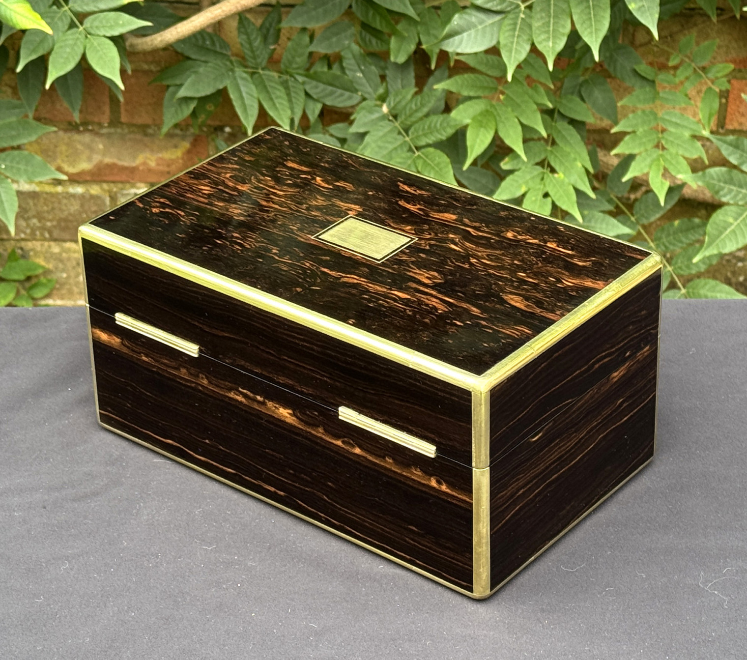 Rear left view of an antique gentleman's travelling jewellery box in coromandel, by Houghton & Gunn.