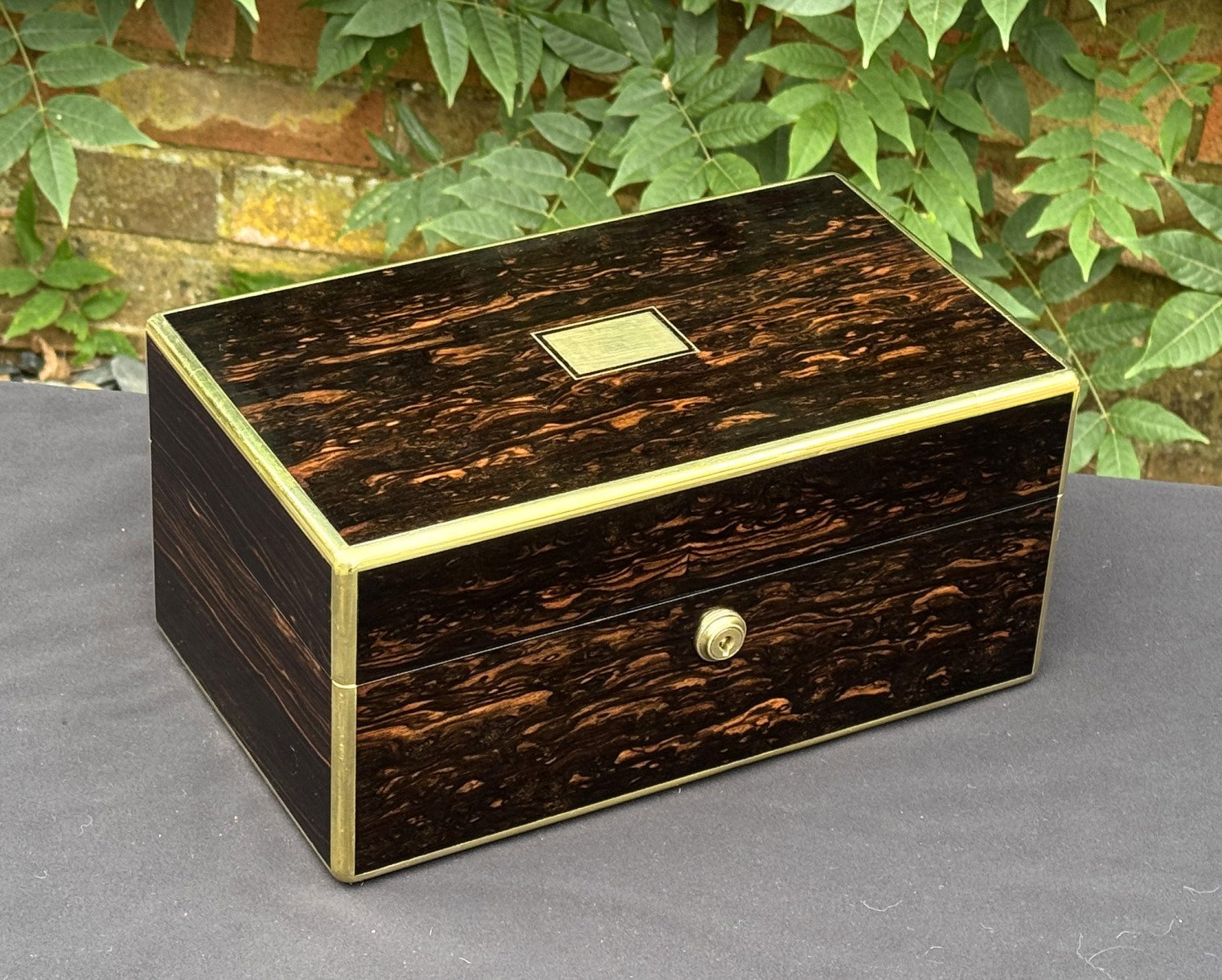 Front left view of an antique gentleman's travelling jewellery box in coromandel, by Houghton & Gunn.
