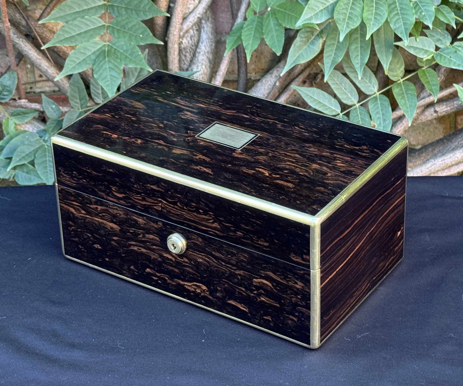 Front right view of an antique gentleman's travelling jewellery box in coromandel, by Houghton & Gunn.