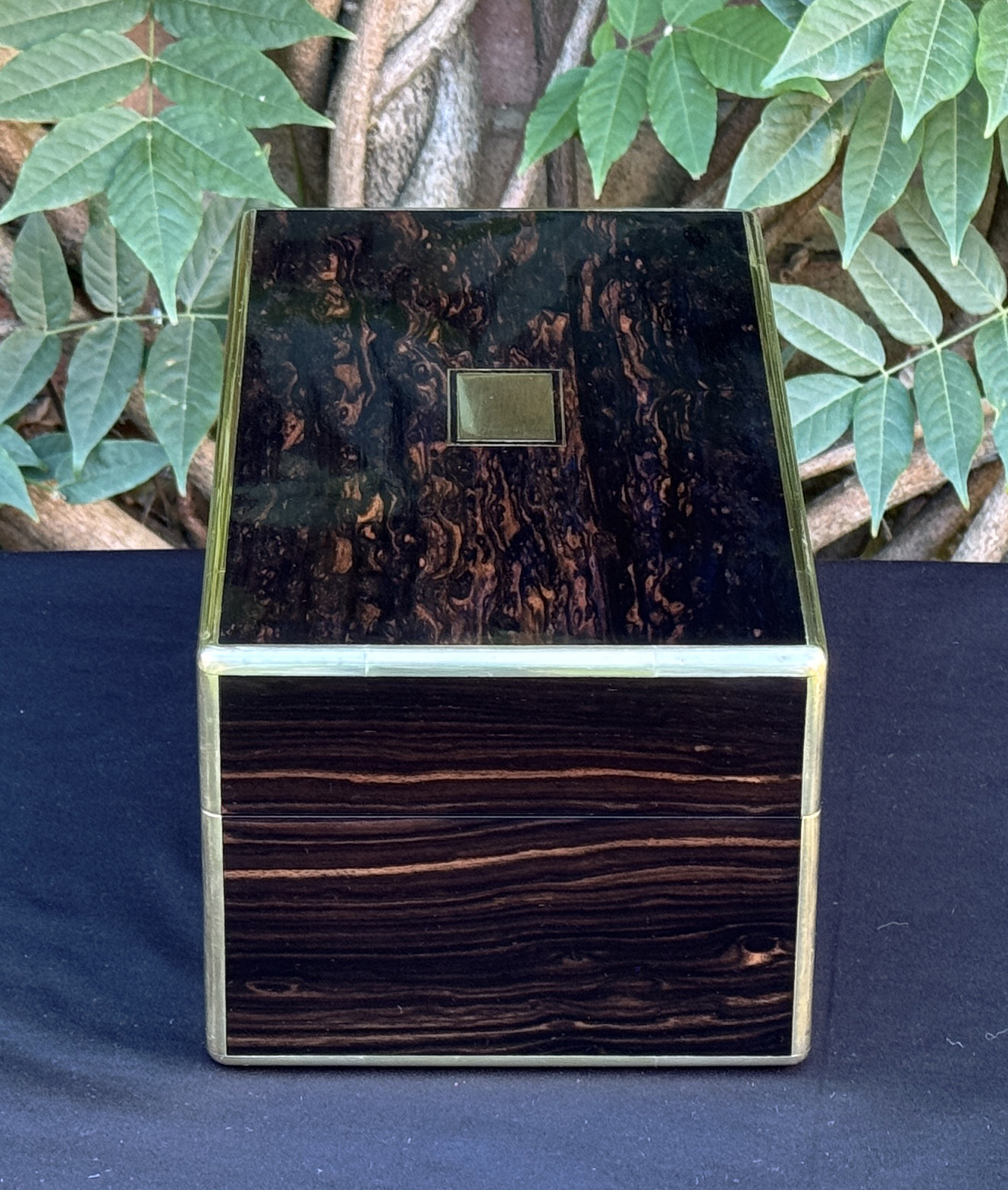 Right side view of an antique gentleman's travelling jewellery box in coromandel, by Houghton & Gunn.