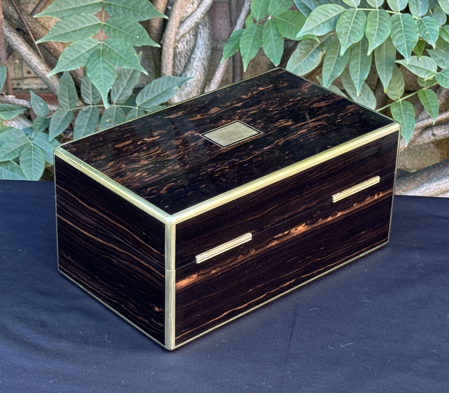 Rear right view of an antique gentleman's travelling jewellery box in coromandel, by Houghton & Gunn.