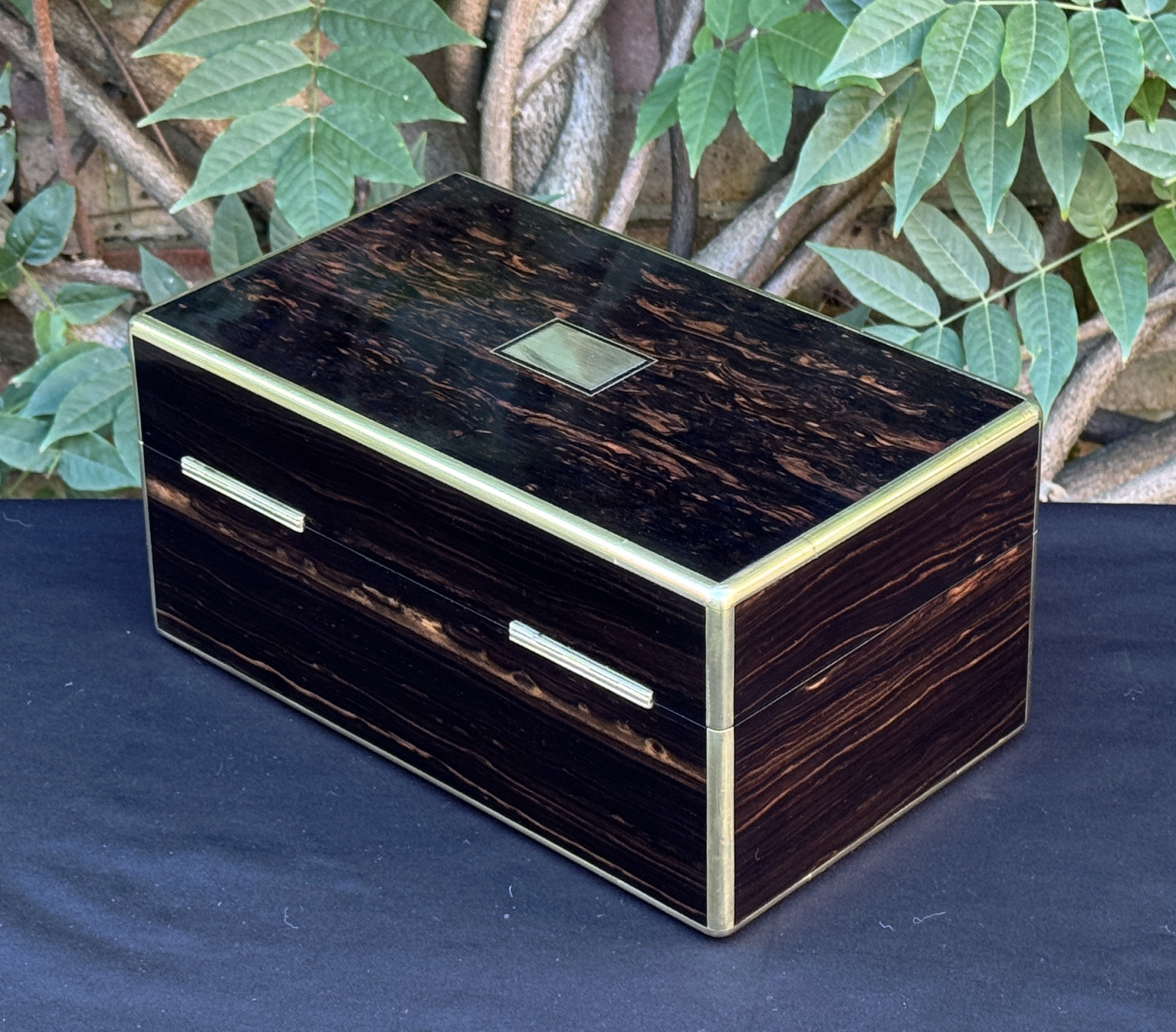 Rear left view of an antique gentleman's travelling jewellery box in coromandel, by Houghton & Gunn.
