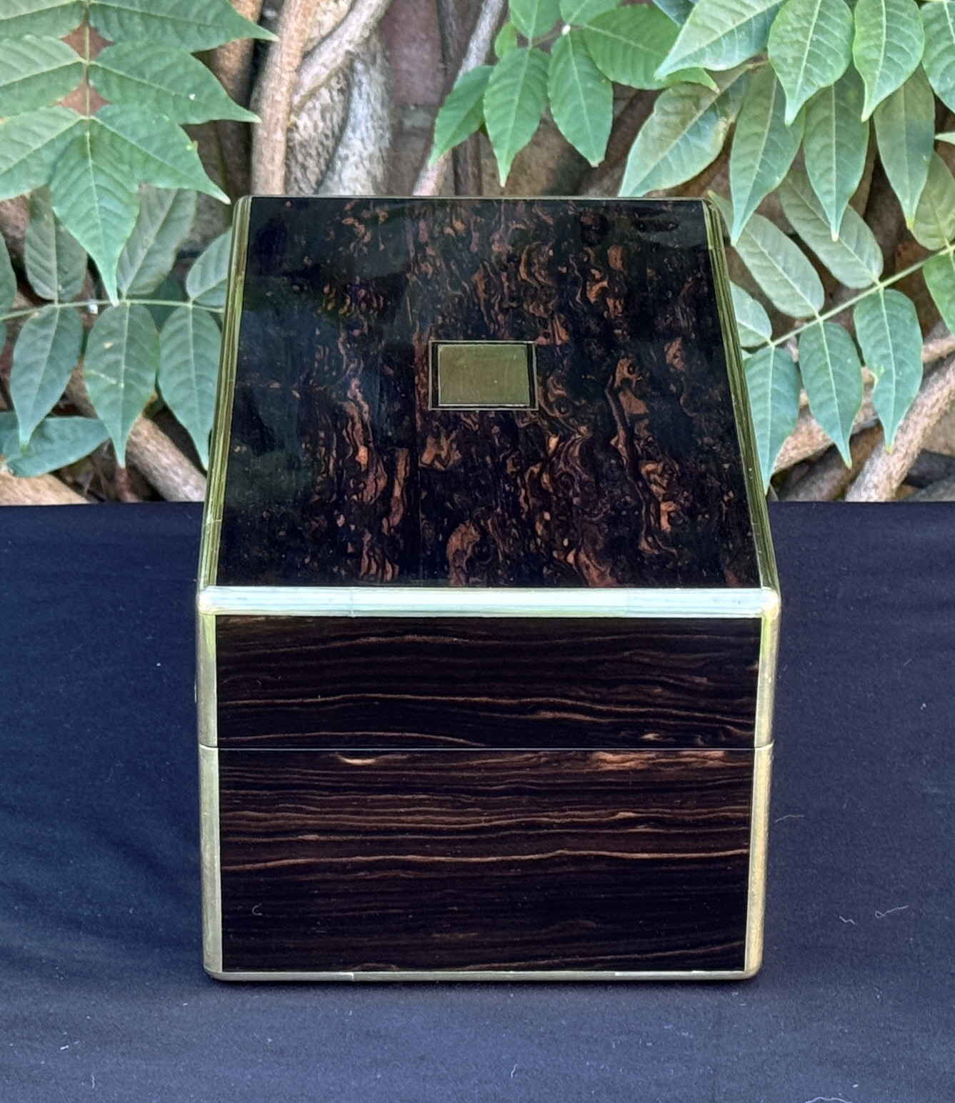 Left side view of an antique gentleman's travelling jewellery box in coromandel, by Houghton & Gunn.