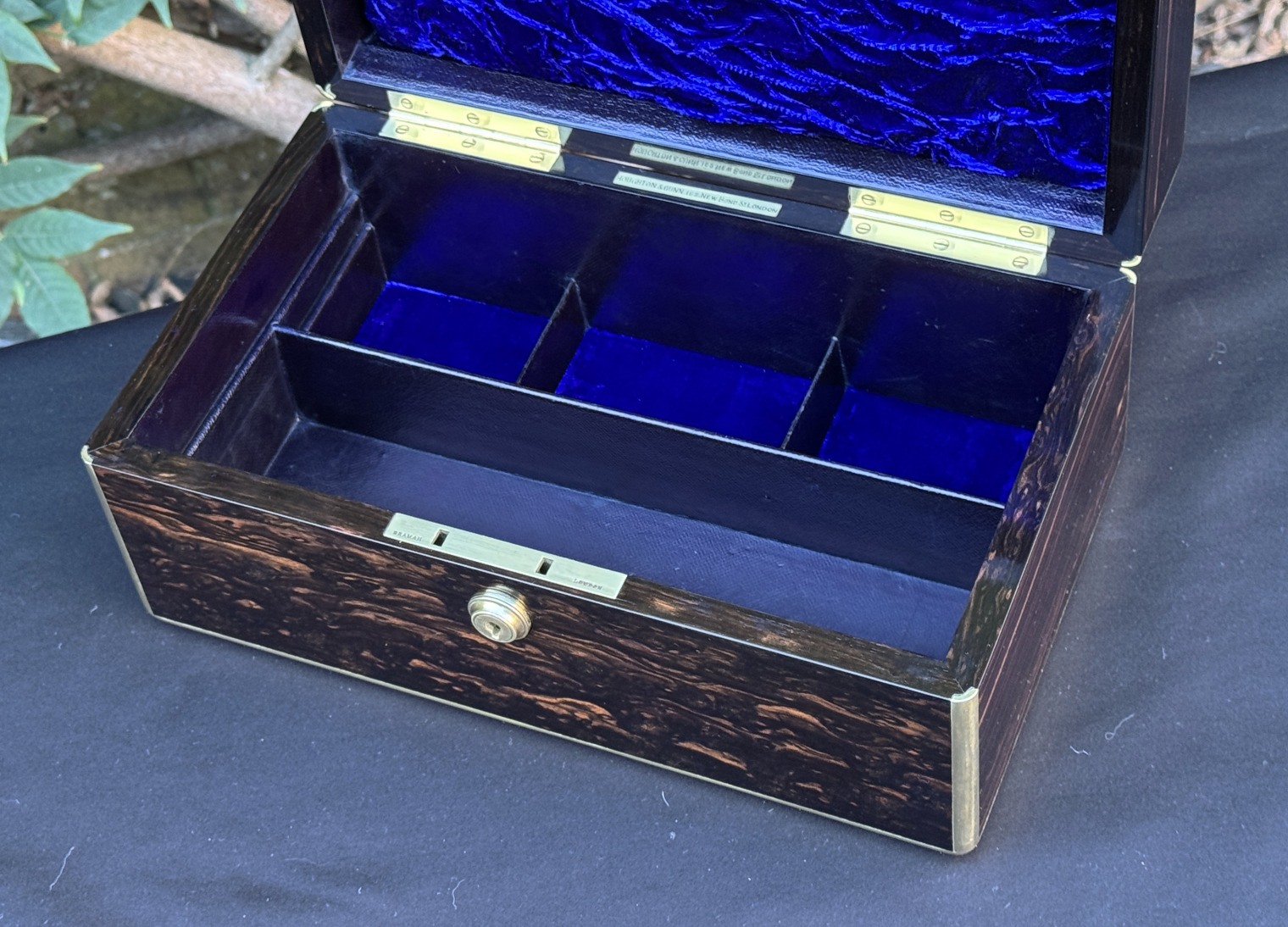 Overhead internal view of an antique gentleman's travelling jewellery box in coromandel, by Houghton & Gunn, with jewellery tray fully removed.