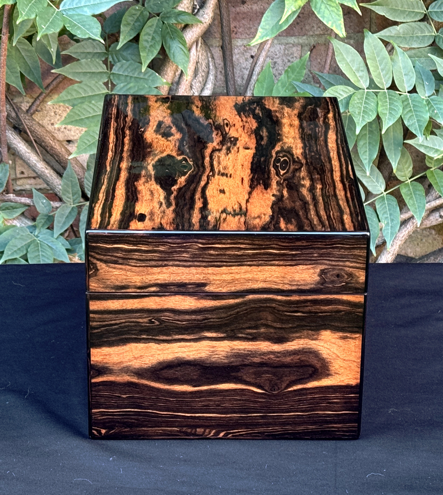 Right side view of an antique jewellery box in calamander, by George Betjemann & Sons.