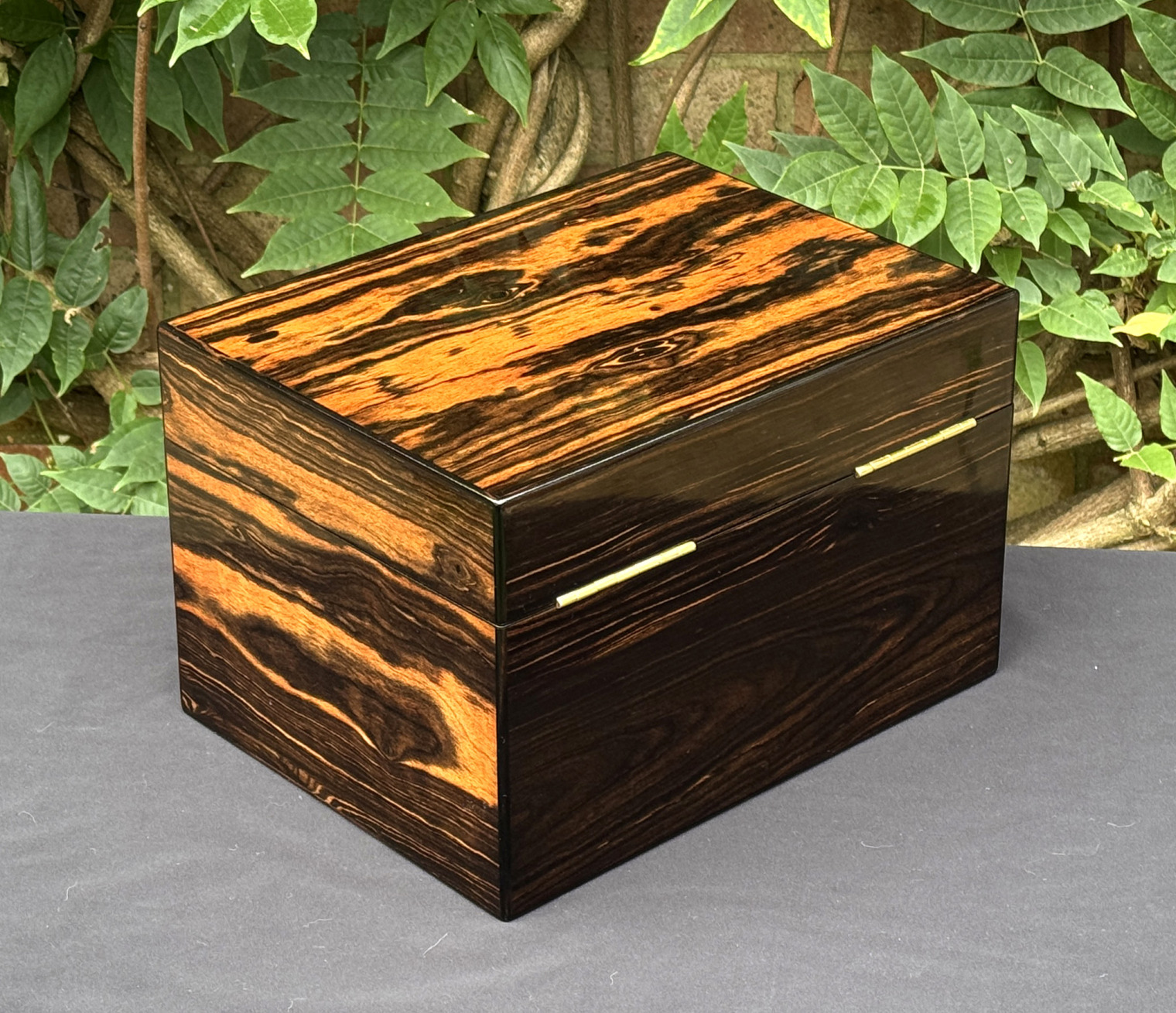 Rear right view of an antique jewellery box in calamander, by George Betjemann & Sons.