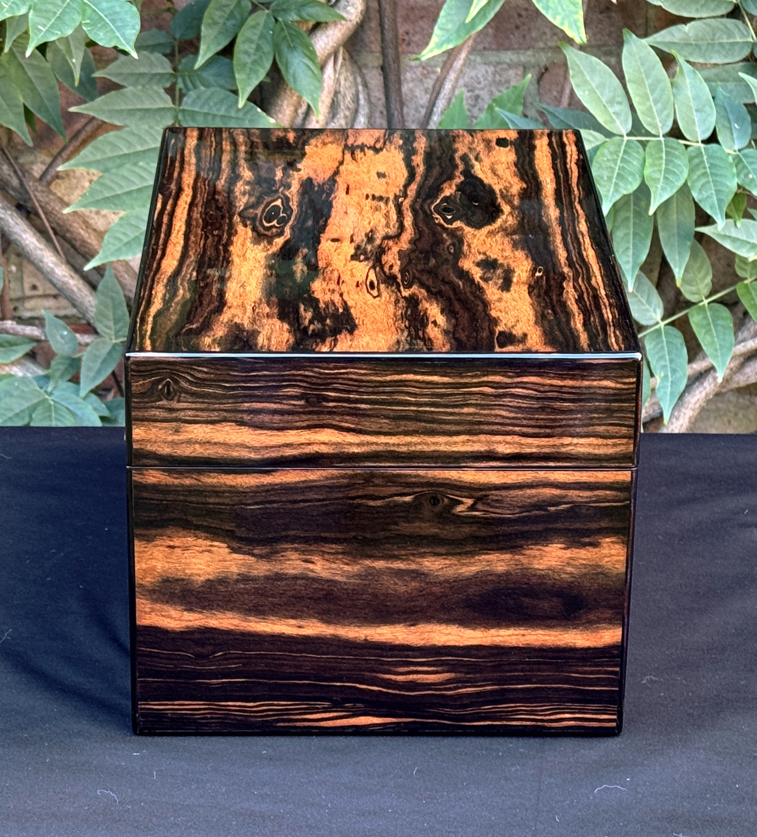 Left side view of an antique jewellery box in calamander, by George Betjemann & Sons.
