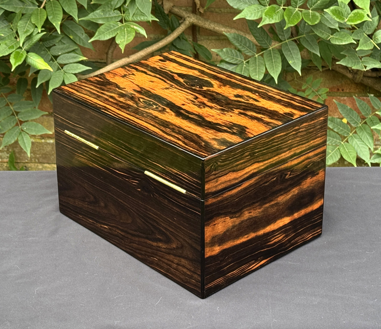 Rear left view of an antique jewellery box in calamander, by George Betjemann & Sons.