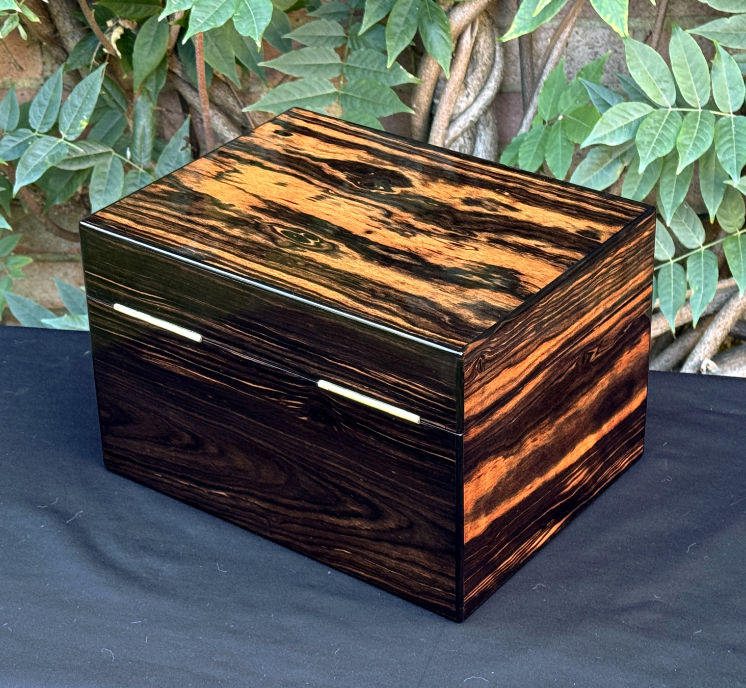Rear left view of an antique jewellery box in calamander, by George Betjemann & Sons.