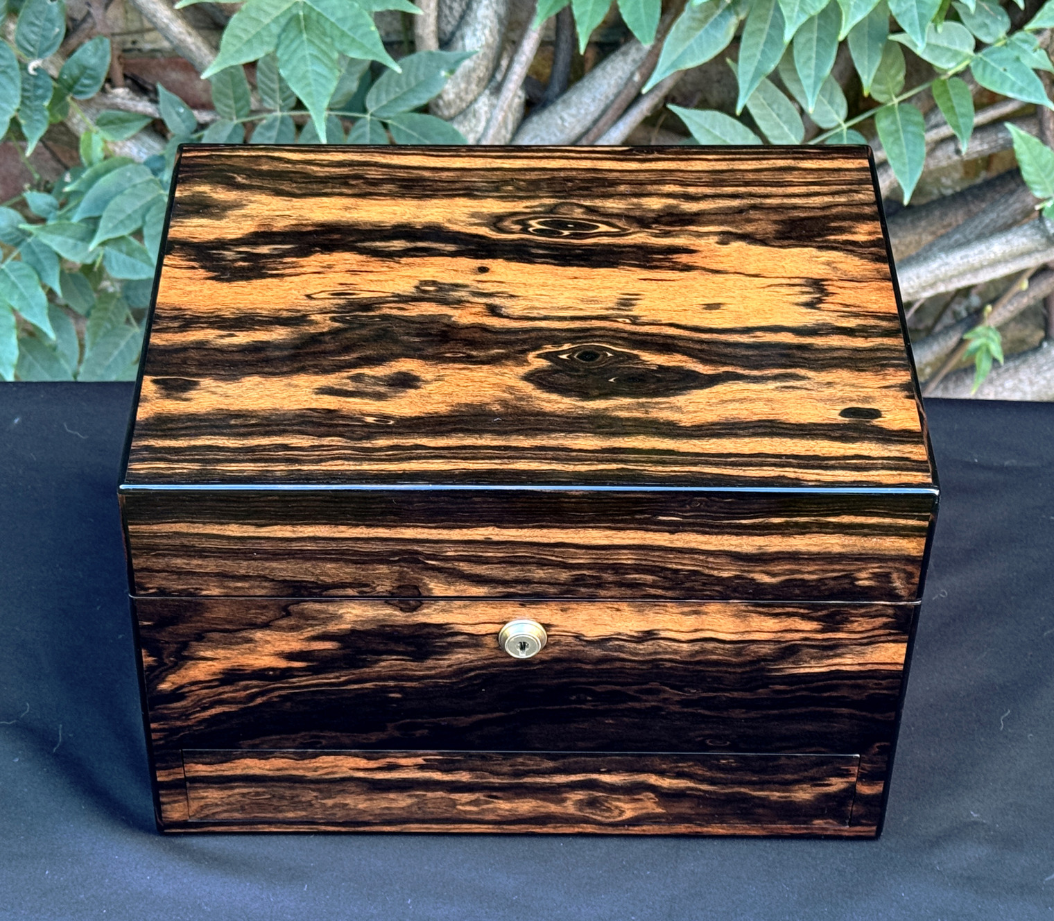 Overhead view of an antique jewellery box in calamander, by George Betjemann & Sons.