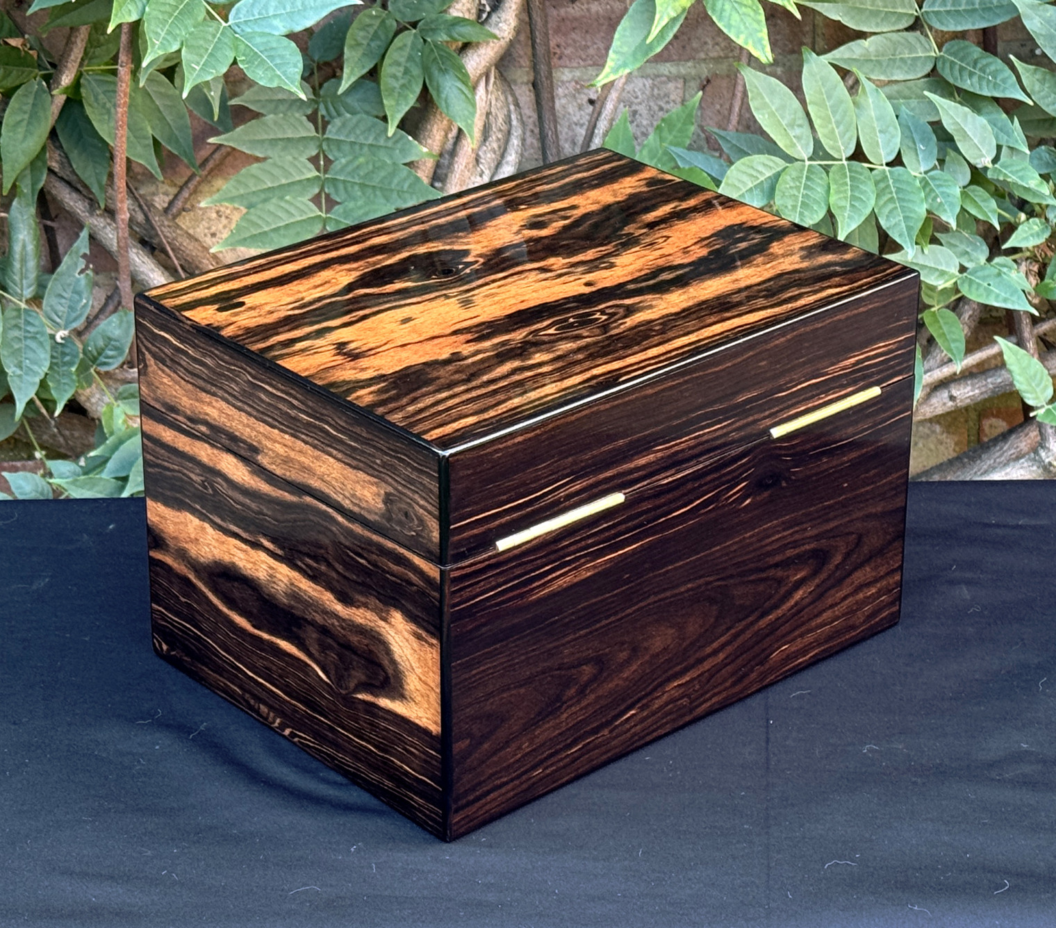 Rear right view of an antique jewellery box in calamander, by George Betjemann & Sons.