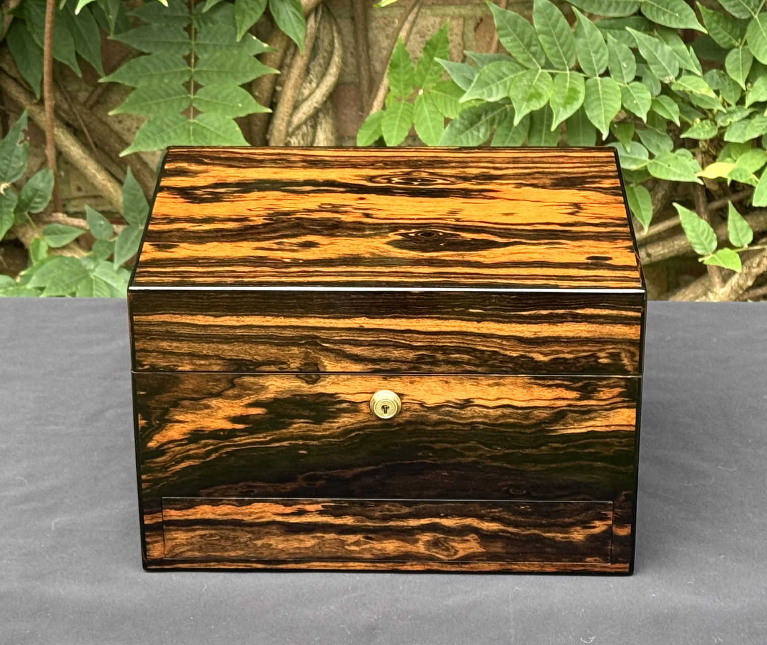 Front view of an antique jewellery box in calamander, by George Betjemann & Sons.