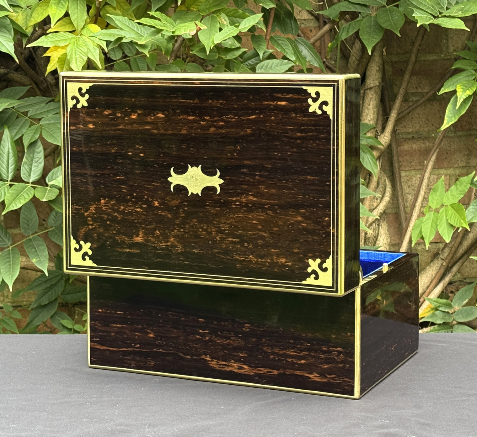 Rear opened view of an antique jewellery box in coromandel, by Thomas Dalton.