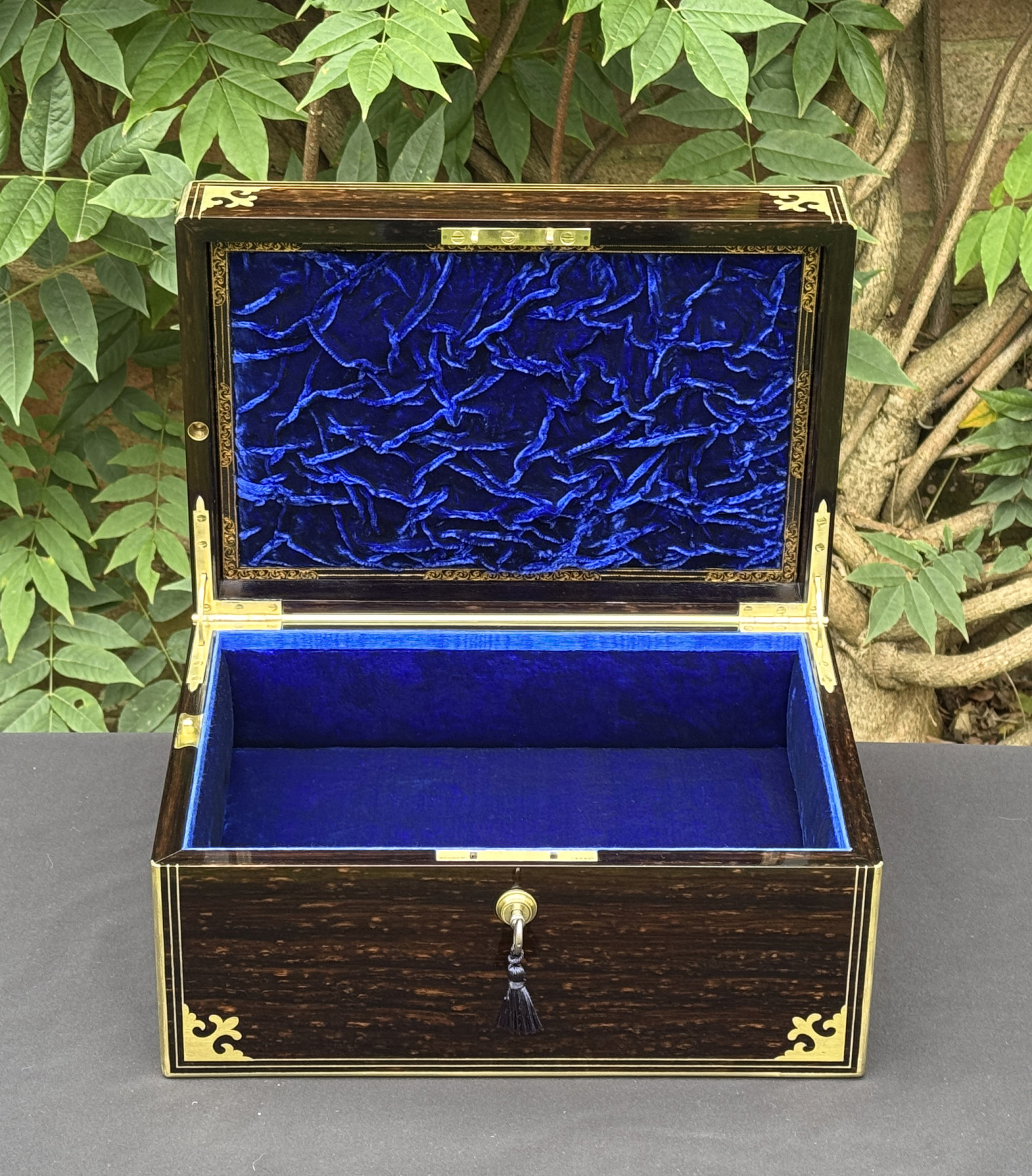 Front interior view of an antique jewellery box in coromandel, by Thomas Dalton.