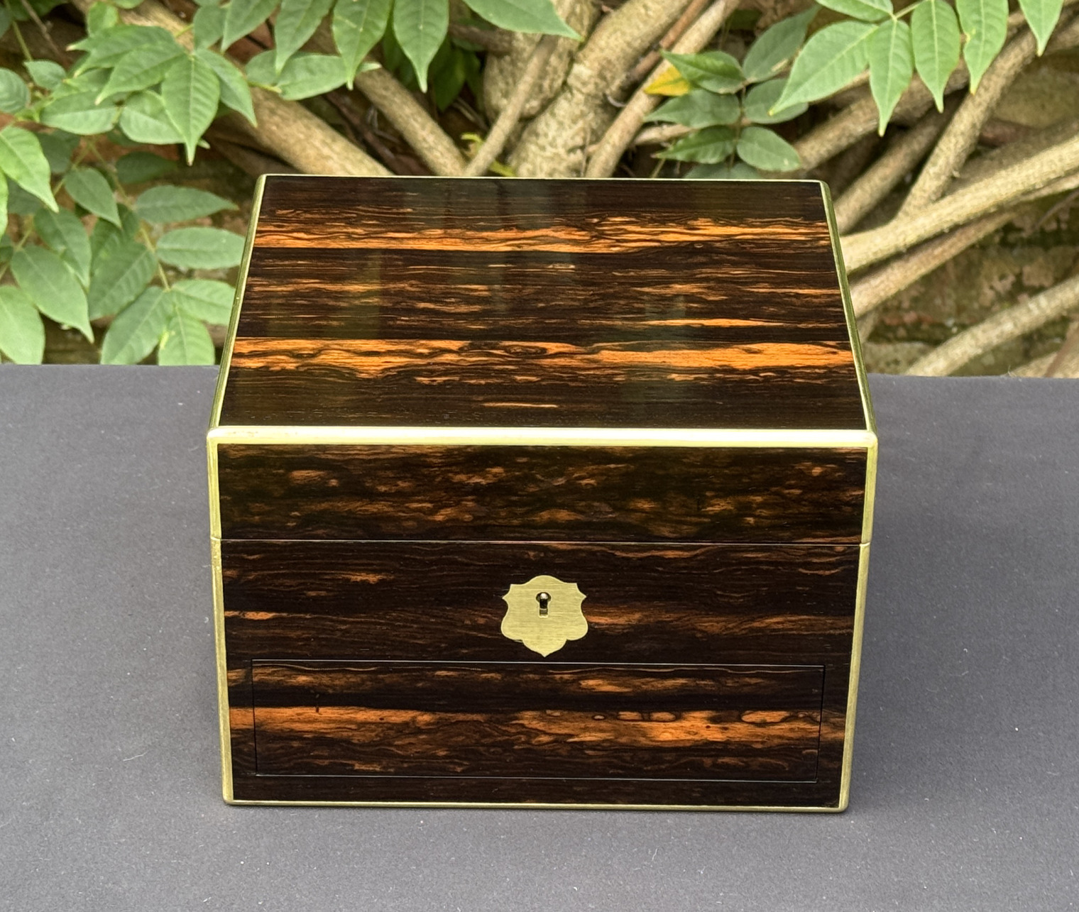 Front view of a miniature antique jewellery box in coromandel, by George Betjemann & Sons.