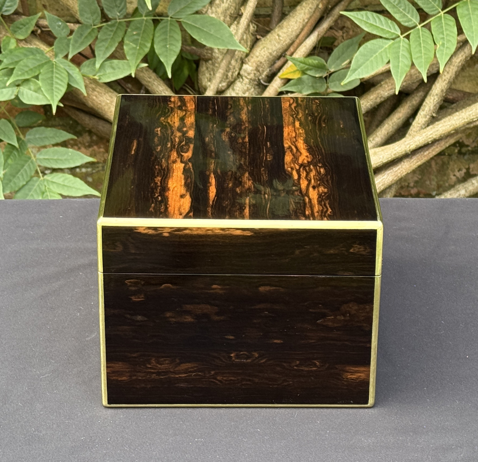 Right side view of a miniature antique jewellery box in coromandel, by George Betjemann & Sons.