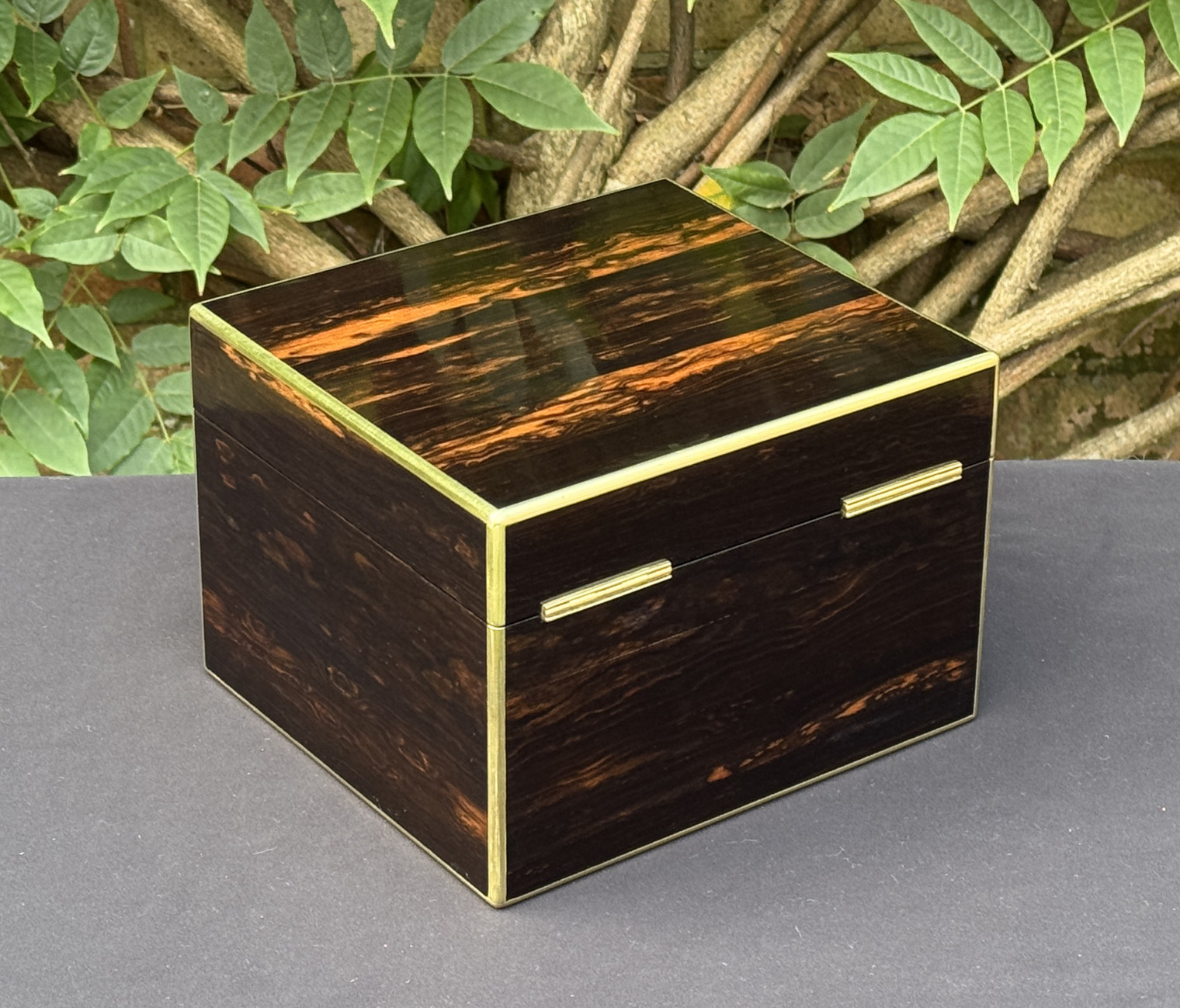 Rear right view of a miniature antique jewellery box in coromandel, by George Betjemann & Sons.