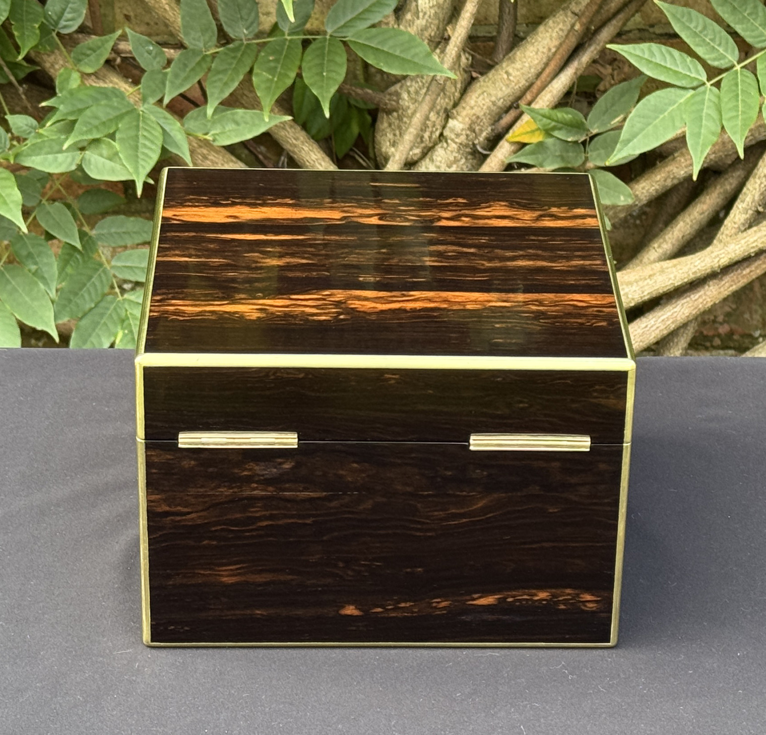 Rear view of a miniature antique jewellery box in coromandel, by George Betjemann & Sons.