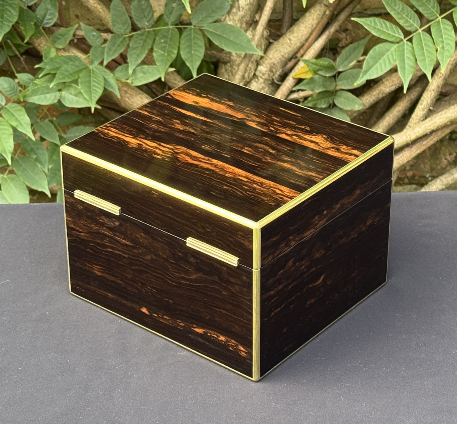 Rear left view of a miniature antique jewellery box in coromandel, by George Betjemann & Sons.