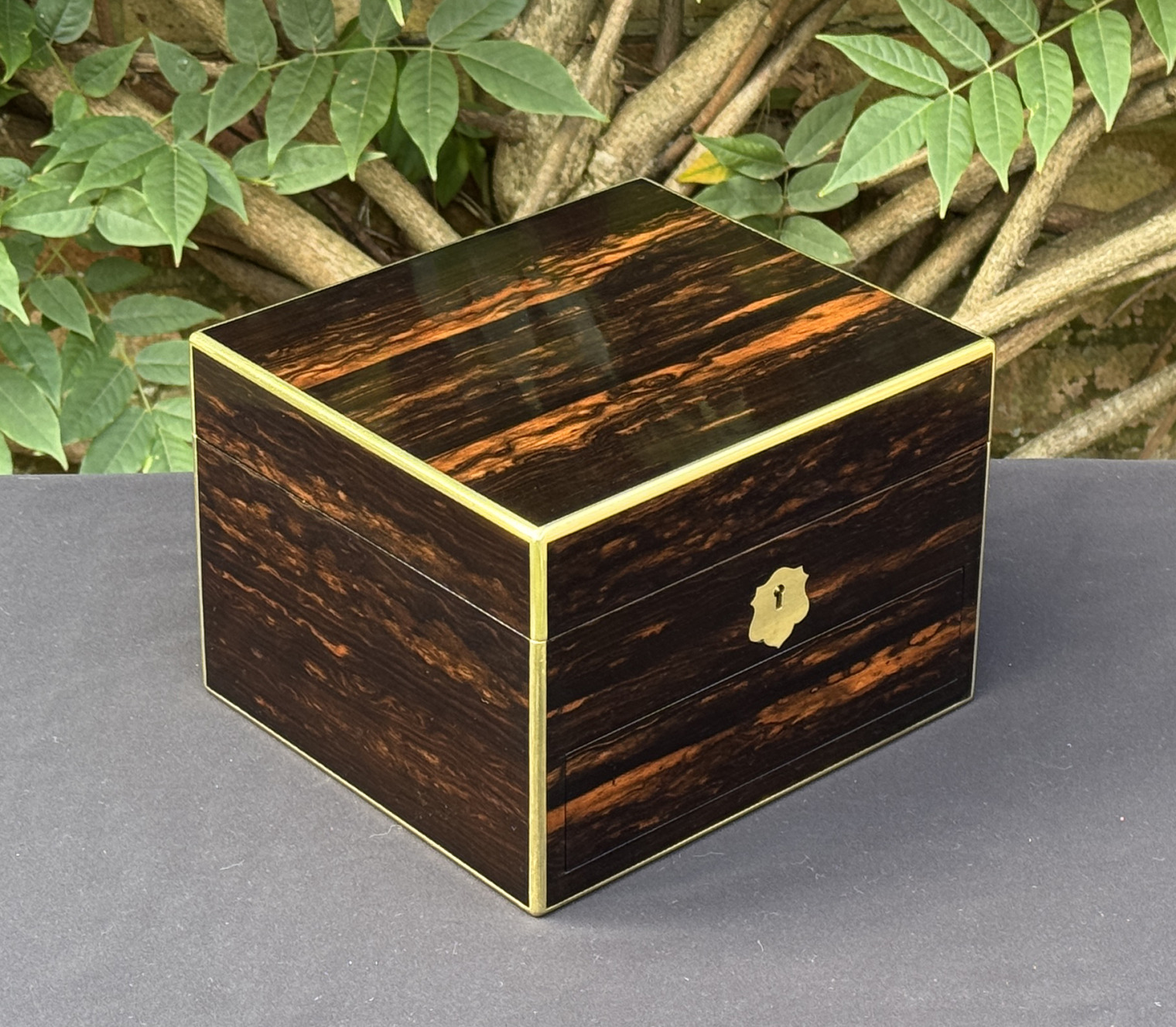 Front left view of a miniature antique jewellery box in coromandel, by George Betjemann & Sons.