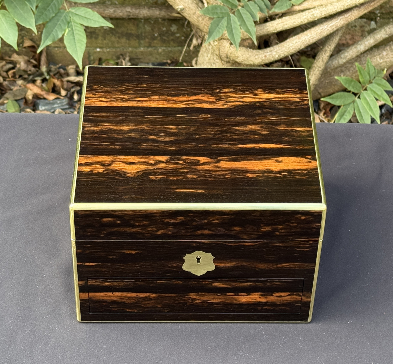 Overhead view of a miniature antique jewellery box in coromandel, by George Betjemann & Sons.