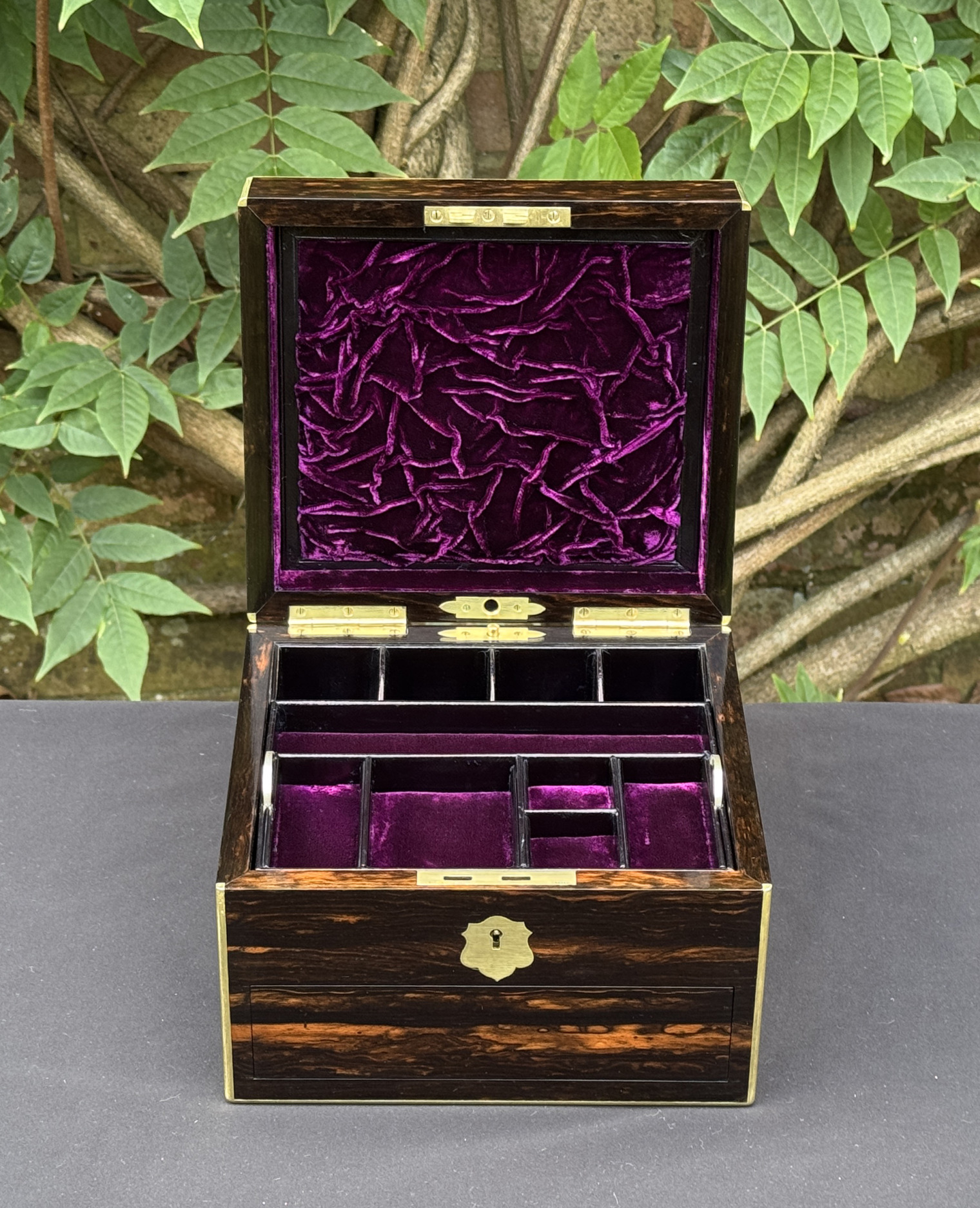 Front interior view of a miniature antique jewellery box in coromandel, by George Betjemann & Sons.