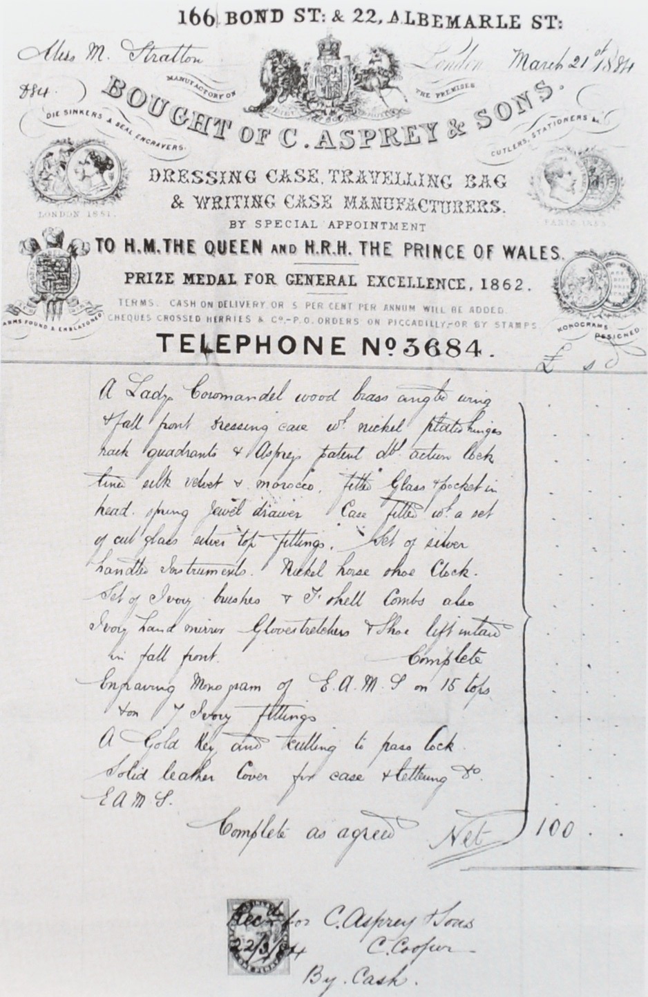 A Charles Asprey & Sons invoice for a coromandel box with ‘Angle Wing’ mechanism from 1884.